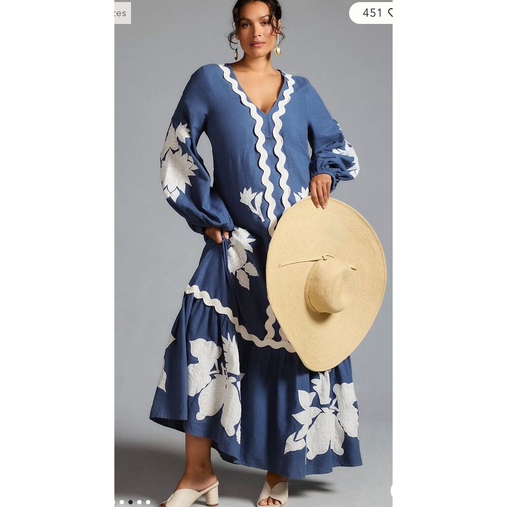 Farm Rio Flounce Blue & White Embroidered Linen-Blend Maxi Dress Pockets Size XS - Picture 6 of 14